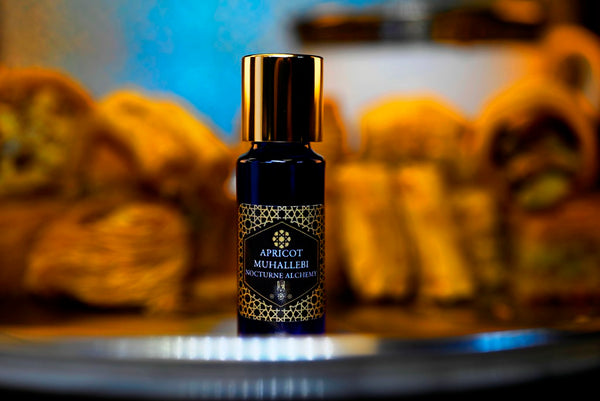 Apricot Muhallebi.  5ml Slender Blue bottle with dropper insert and gold-tone screw lid. 