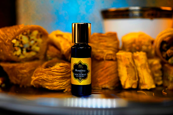 Bassima.  5ml Slender Blue bottle with dropper insert and gold-tone screw lid. 