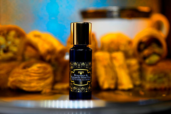 Bergamot & Egyptian Mint Tea.  5ml Slender Blue bottle with dropper insert and gold-tone screw lid. 