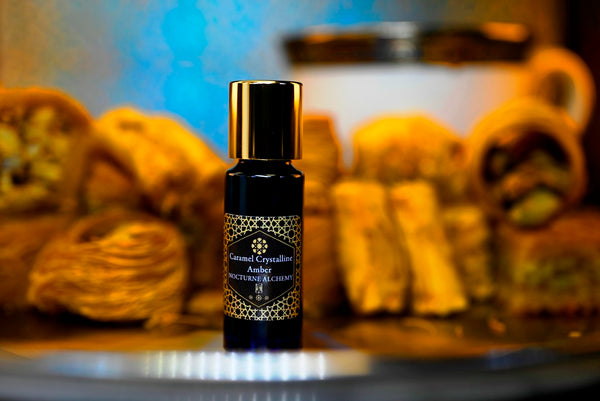 Caramel Crystalline Amber.  5ml Slender Blue bottle with dropper insert and gold-tone screw lid. 