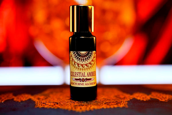 Celestial Amber 5ml slender blue bottle with insert dropper and gold-toned screw lid