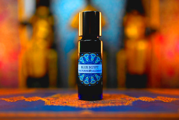 5ml Slender Blue bottle with insert dropper and shiny gold screw lid. Blue Egypt