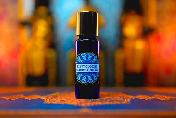 5ml Slender Blue bottle with insert dropper and shiny gold screw lid. Egyptologist