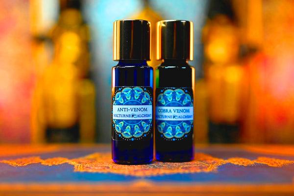 5ml Slender Blue bottle with insert dropper and shiny gold screw lid. Both Anti-Venom and Cobra Venom