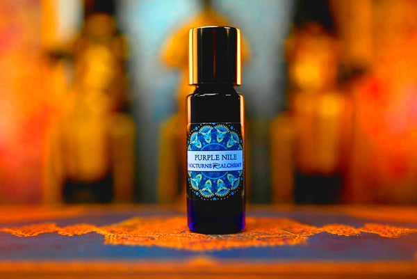 5ml Slender Blue bottle with insert dropper and shiny gold screw lid. Purple Nile