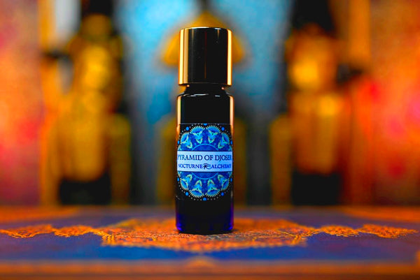 5ml Slender Blue bottle with insert dropper and shiny gold screw lid. Pyramid of Djoser