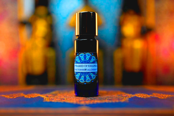 5ml Slender Blue bottle with insert dropper and shiny gold screw lid. Pyramid of Khafre