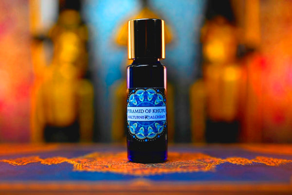 5ml Slender Blue bottle with insert dropper and shiny gold screw lid. Pyramid of Khufu