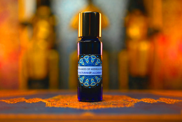 5ml Slender Blue bottle with insert dropper and shiny gold screw lid. Pyramid of Menkaure