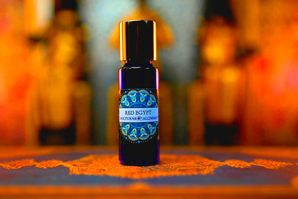 5ml Slender Blue bottle with insert dropper and shiny gold screw lid.  Red Egypt