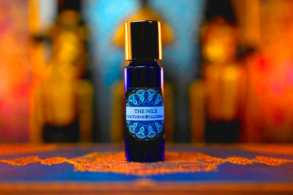 5ml Slender Blue bottle with insert dropper and shiny gold screw lid. The Nile