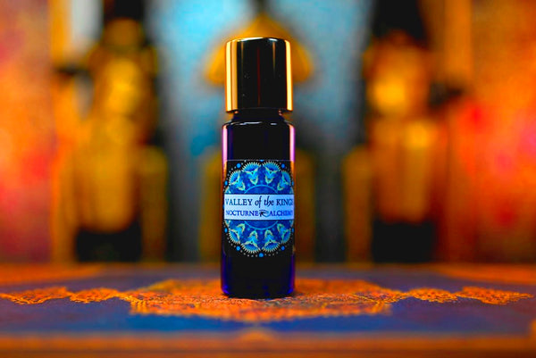 5ml Slender Blue bottle with insert dropper and shiny gold screw lid. Valley of the Kings