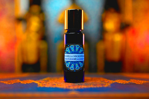 5ml Slender Blue bottle with insert dropper and shiny gold screw lid. Vanilla Necropolis