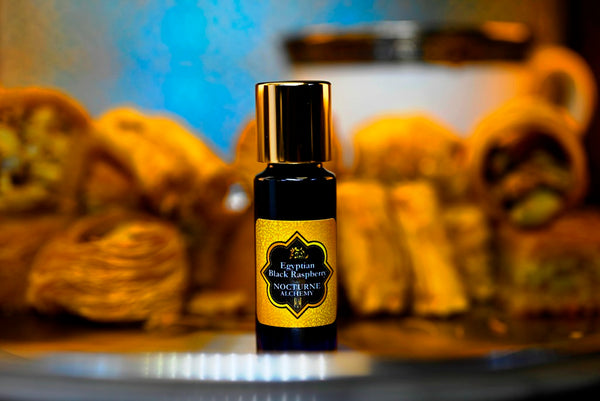 Egyptian Black Raspberry.  5ml Slender Blue bottle with dropper insert and gold-tone screw lid. 