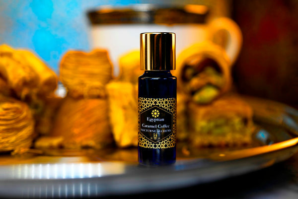 Egyptian Caramel Coffee 5ml Slender Blue bottle with dropper insert and gold-tone screw lid. 