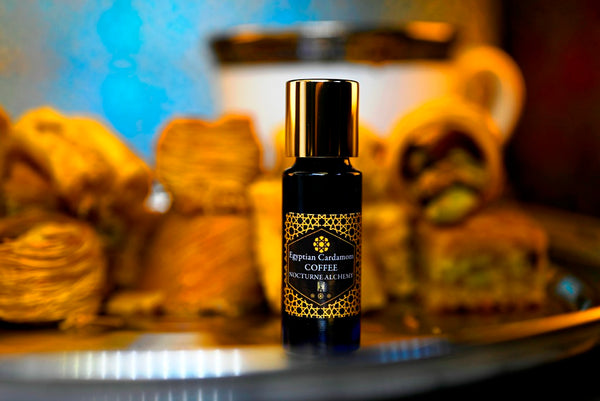 Egyptian Cardamom Coffee. 5ml Slender Blue bottle with dropper insert and gold-tone screw lid. 