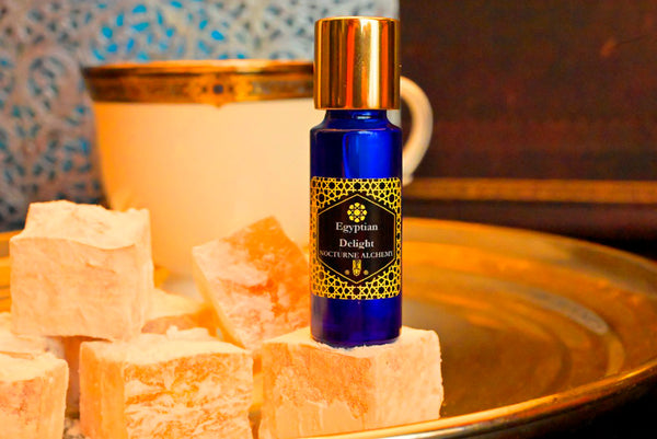 Egyptian Delight in 5ml Slender Blue bottle with insert dropper and golden twist lid