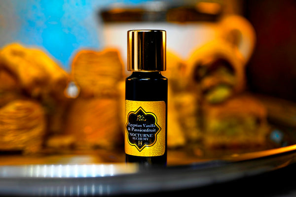 Egyptian Vanilla & Passionfruit.  5ml Slender Blue bottle with dropper insert and gold-tone screw lid. 