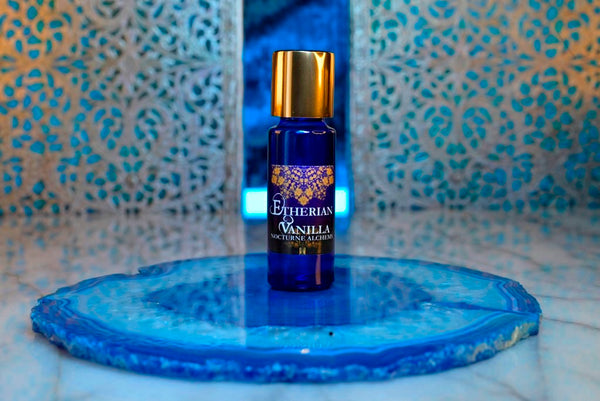 5ml Slender Blue Bottle with insert/dropper and golden toned twist lid