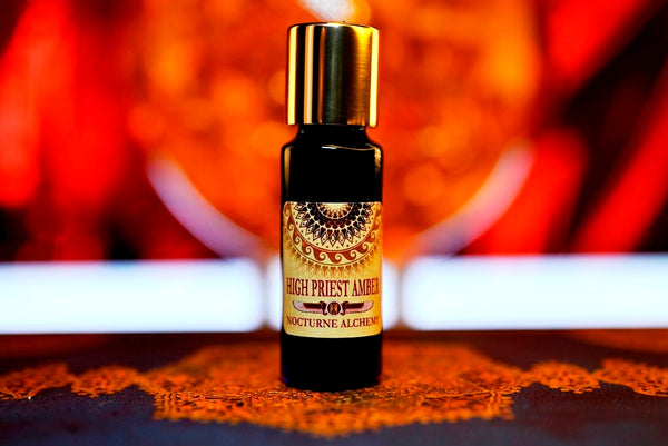 High Priest Amber 5ml slender blue bottle with insert dropper and gold-toned screw lid