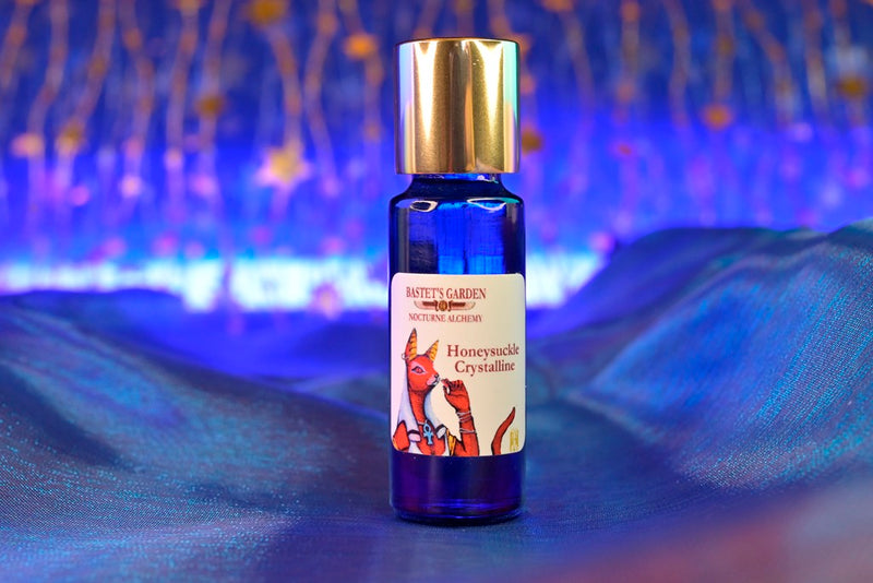 5ml PC Bastet's Garden Slender Blue bottle with flat insert/dropper/orifice with golden twist lid