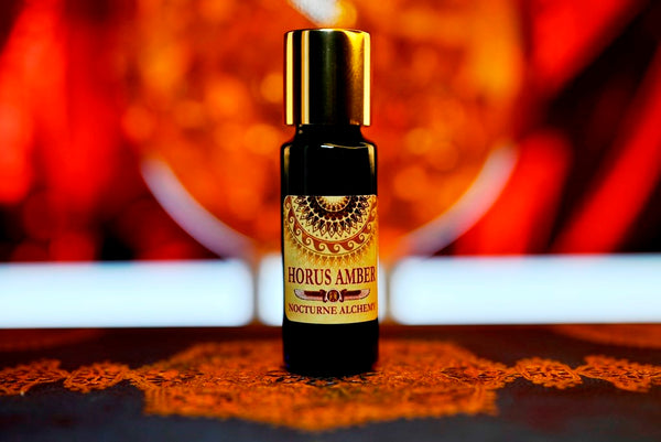 Horus Amber 5ml slender blue bottle with insert dropper and gold-toned screw lid