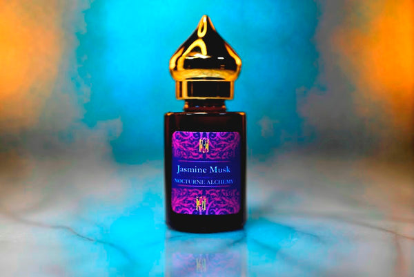 6ml amber cylindrical bottle with gold-toned domed lid and insert.  Jasmine Musk