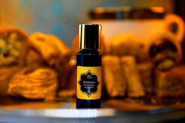 Konafa.  5ml Slender Blue bottle with dropper insert and gold-tone screw lid. 