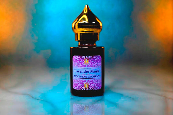 6ml amber cylindrical bottle with gold-toned domed lid and insert.  Lavender Musk