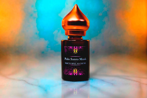 6ml amber cylindrical bottle with matte copper-toned domed lid and insert.  Palo Santo Musk