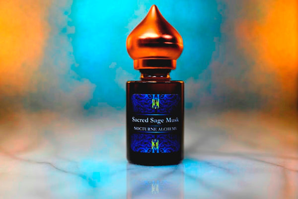 6ml amber cylindrical bottle with matte copper-toned domed lid and insert.  Sacred Sage Musk