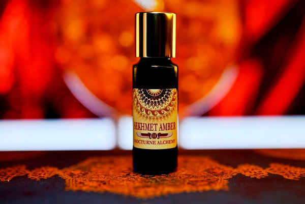 Sekhmet Amber 5ml slender blue bottle with insert dropper and gold-toned screw lid