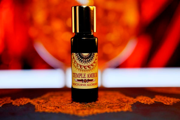 Temple Amber 5ml slender blue bottle with insert dropper and gold-toned screw lid