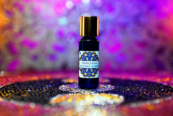 Temple of Isis in 5ml Slender Blue bottle with insert and shiny gold-tone screw lid