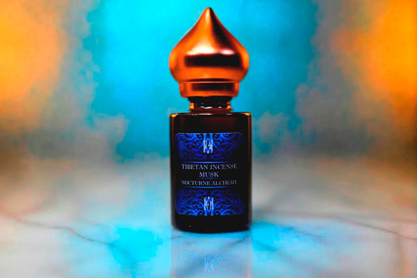 6ml amber cylindrical bottle with matte copper-toned domed lid and insert.  Tibetan Incense Musk