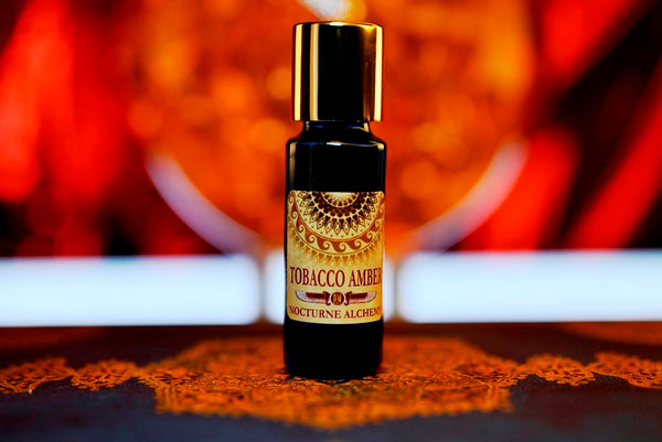 Tobacco Amber 5ml slender blue bottle with insert dropper and gold-toned screw lid