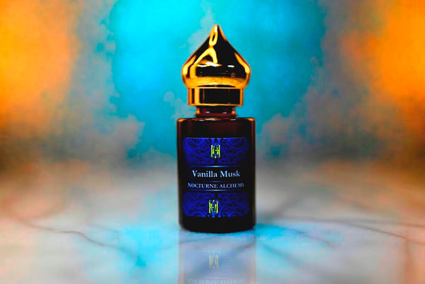 6ml amber cylindrical bottle with gold-toned domed lid and insert.  Vanilla Musk