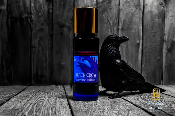 Black Crow.  5ml Slender Blue bottle with insert dropper and shiny gold screw lid.