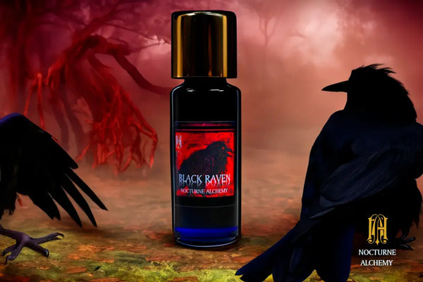 Black Raven.  5ml Slender Blue bottle with insert dropper and shiny gold screw lid.