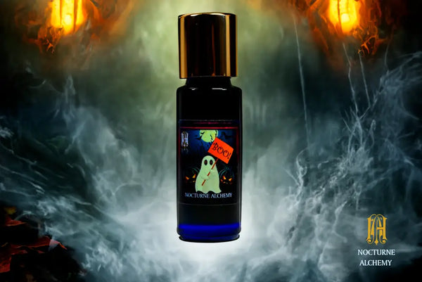 BOO! 5ml Slender Blue bottle with insert dropper and shiny gold screw lid.