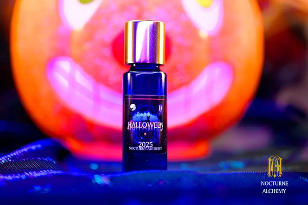 Halloween 2025 5ml Slender Blue bottle with insert dropper and shiny gold screw lid.