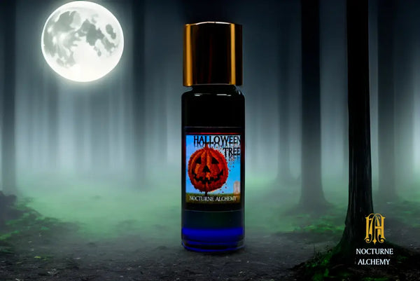 Halloween Tree. 5ml Slender Blue bottle with insert dropper and shiny gold screw lid.