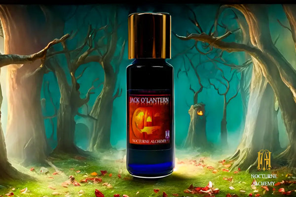 Jack O' Lantern. 5ml Slender Blue bottle with insert dropper and shiny gold screw lid.