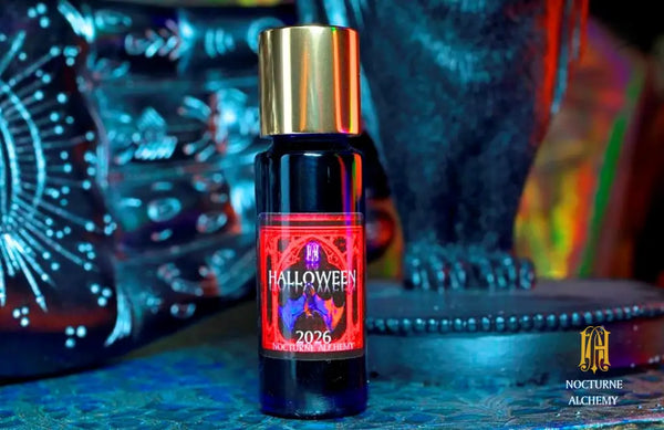 All Hallows' Eve 5ml Slender Blue bottle with insert dropper and shiny gold screw lid.