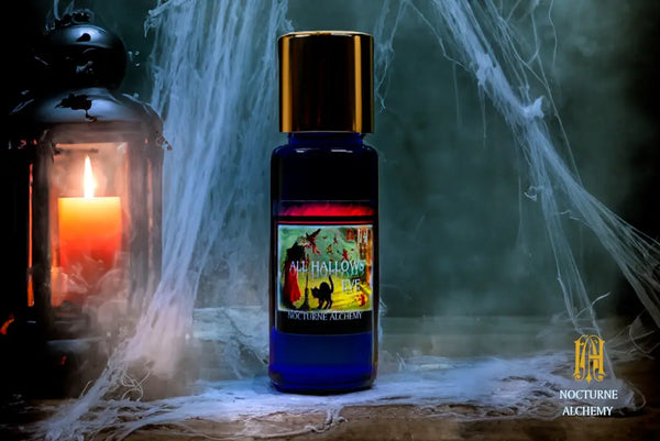 All Hallows' Eve 5ml Slender Blue bottle with insert dropper and shiny gold screw lid.