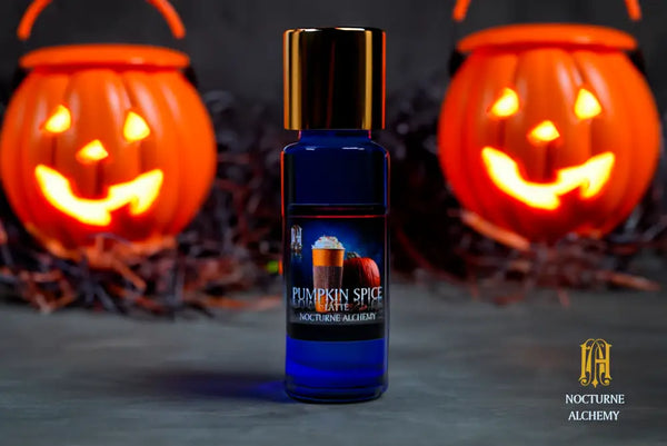 Pumpkin Spice Latte. 5ml Slender Blue bottle with insert dropper and shiny gold screw lid.