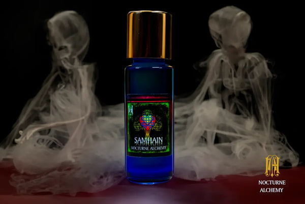 Samhain. 5ml Slender Blue bottle with insert dropper and shiny gold screw lid.