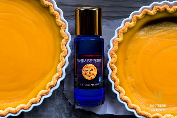 Vanilla Pumpkin Pie. 5ml Slender Blue bottle with insert dropper and shiny gold screw lid.