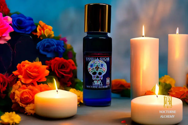 Vanilla Sugar Skull. 5ml Slender Blue bottle with insert dropper and shiny gold screw lid.
