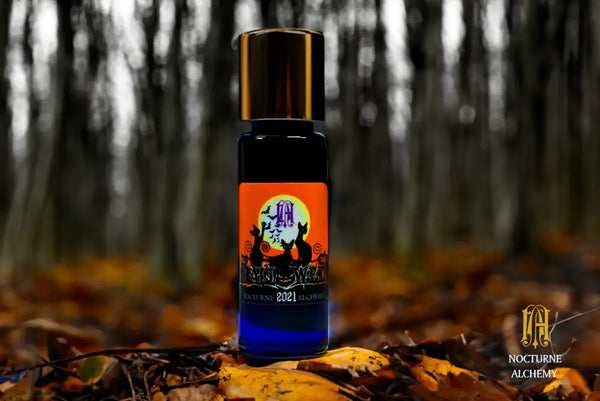 Halloween 2021 5ml Slender Blue bottle with insert dropper and shiny gold screw lid.